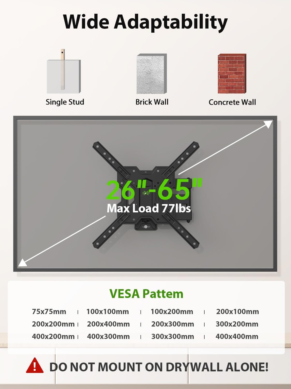 UL Listed Full Motion TV Mount, Swivel Articulating Tilt TV Wall Mount for 26-65 Inch LED, 4K, Wall Mount Bracket with VESA 400X400Mm up to 77Lbs, Perfect Center Design -XMM006-1
