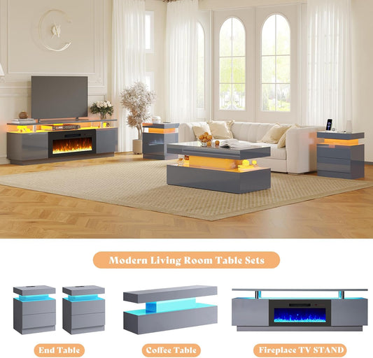 5 Piece Modern Living Room Table Set, Includes 70" Fireplace TV Stand, 2-Tier Coffee Table, 2 X Side Tables with Charging Station, LED Media Furniture, Grey