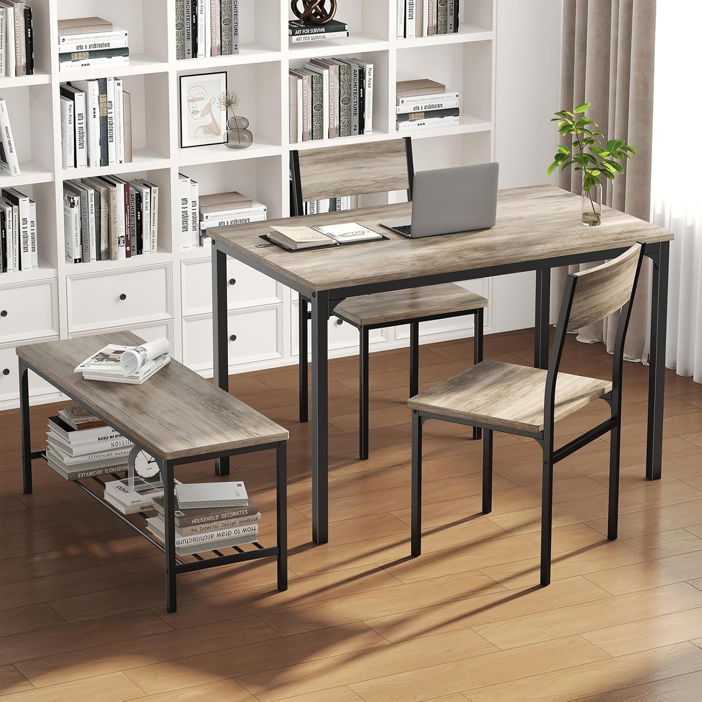 Dining Table Set, Dining Table for 4 with Bench, Kitchen Table, Space-Saving Ideal 4-Person Set for Dining Room Kitchen Apartment Corner Grey 4 Pack
