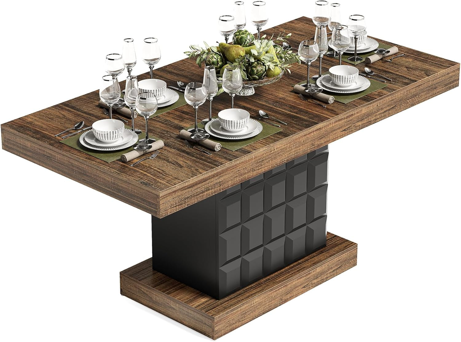 63" Modern Dining Table, Rectangular Dinner Table for 4-6, Farmhouse Kitchen Table, Sturdy Wood Pedestal Base for Kitchen/Dining Room, Rustic Brown & Black