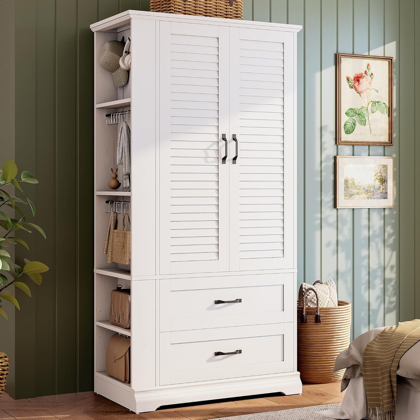 Armoire Wardrobe Closet, 70.87" H Wooden Bedroom Armoire with 2 Louvered Doors, 2 Drawers and Shelves, Large Freestanding Clothing Storage Cabinet, White