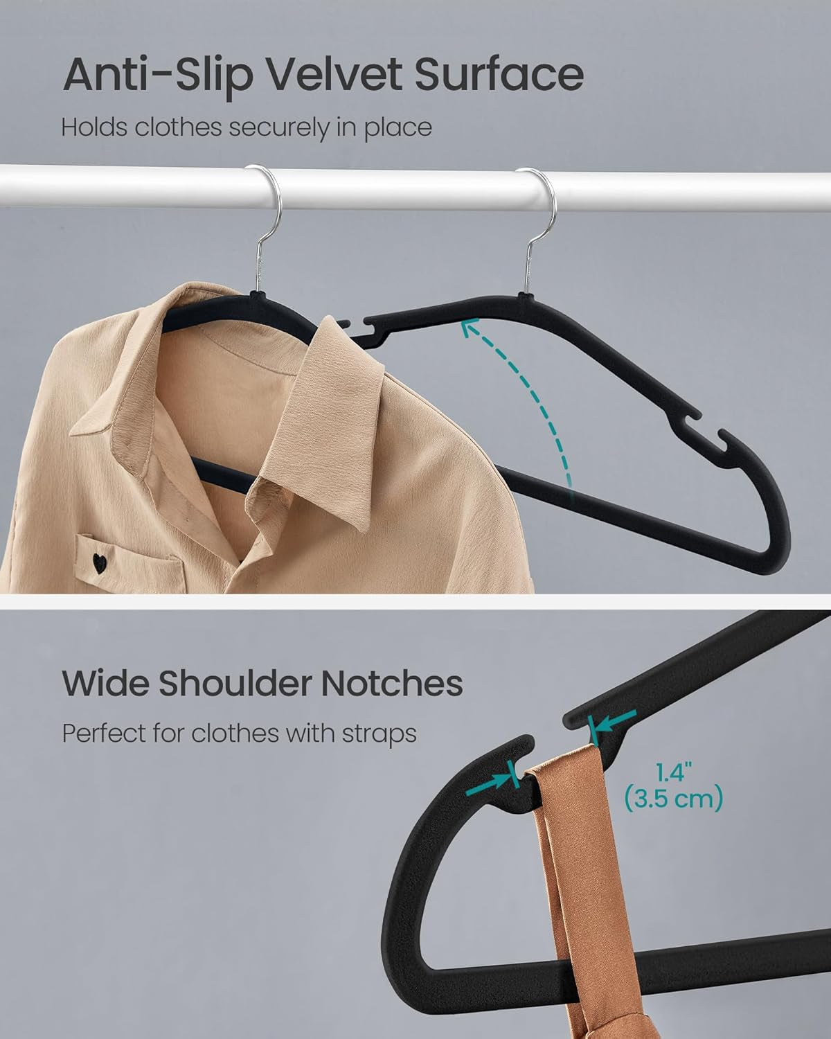Velvet Hangers 50 Pack, Non-Slip Clothes Hangers, 17 X 8.3 Inches, Coat Hangers with Wide Shoulder Notches, Pants Bar, 360° Swivel Hook, Space-Saving, for Closet, Ink Black UCRF039B03