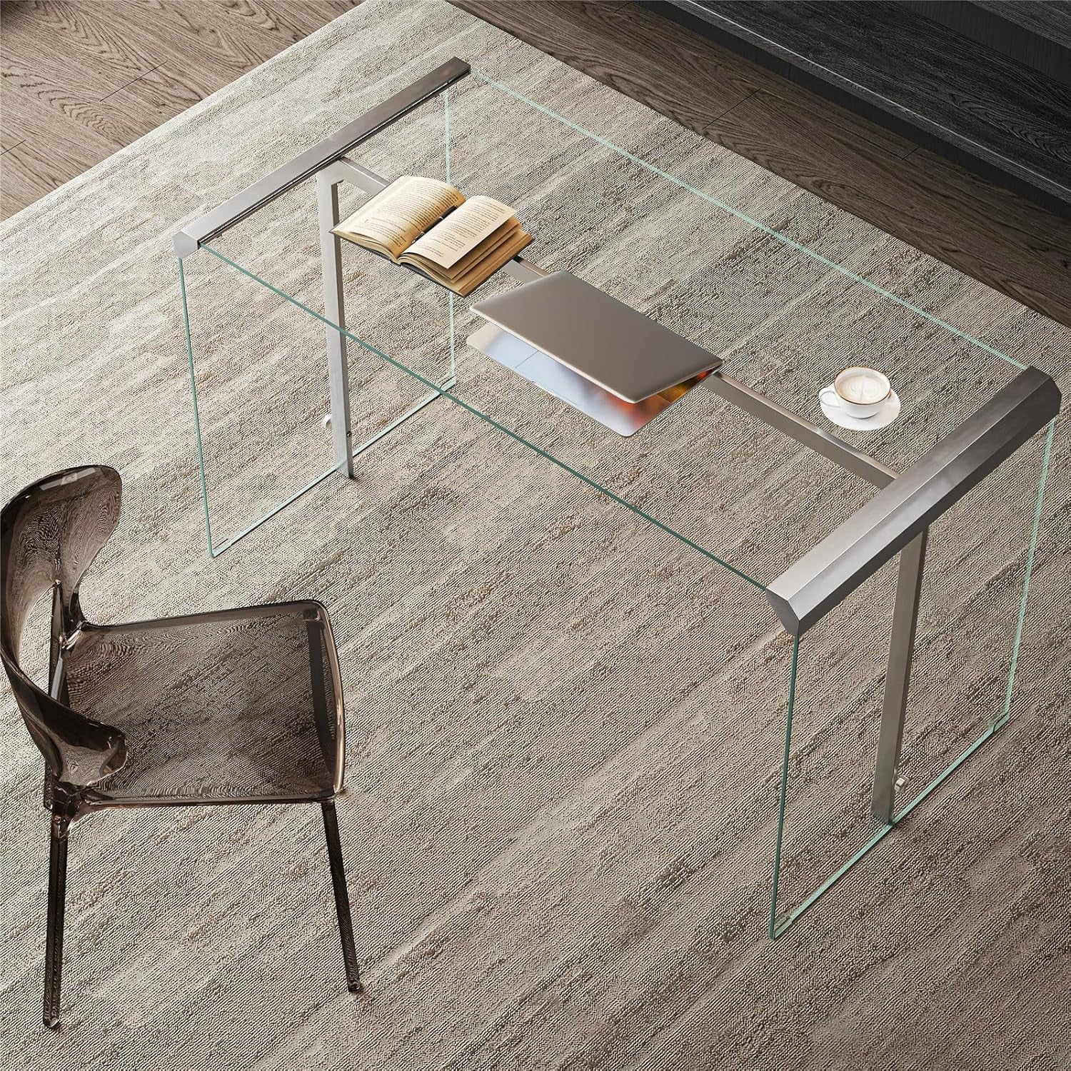 Modern Clear Tempered Glass Computer Desk, 51.2" Home Office Writing Desk with Metal Frame, Minimalist Transparent Executive Desk for Gaming, Study