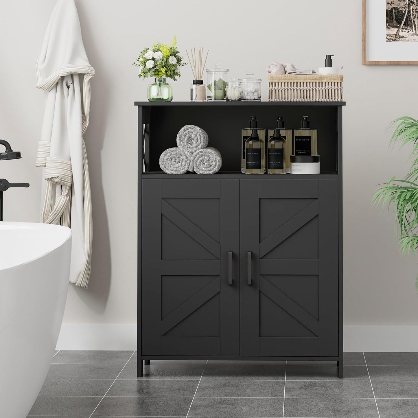 Farmhouse Bathroom Storage Cabinet with 2 Doors, Toilet Paper Cabinet with Adjustable Shelves, Small Bathroom Cabinet for Kitchen/Laundry/Living Room, 11.8 X 23.6 X 31.5 Inches, Black