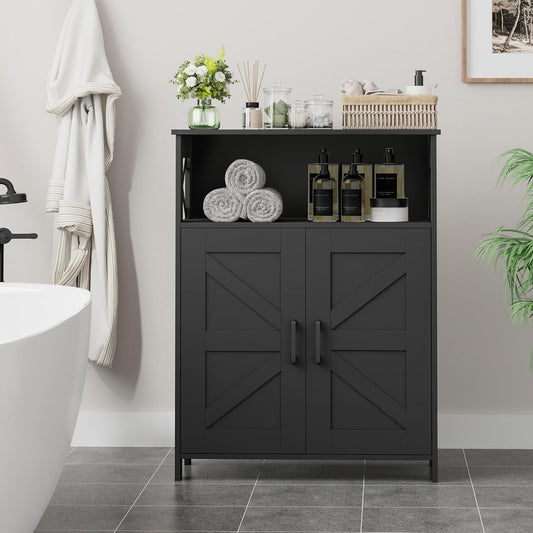 Farmhouse Bathroom Storage Cabinet with 2 Doors, Toilet Paper Cabinet with Adjustable Shelves, Small Bathroom Cabinet for Kitchen/Laundry/Living Room, 11.8 X 23.6 X 31.5 Inches, Black