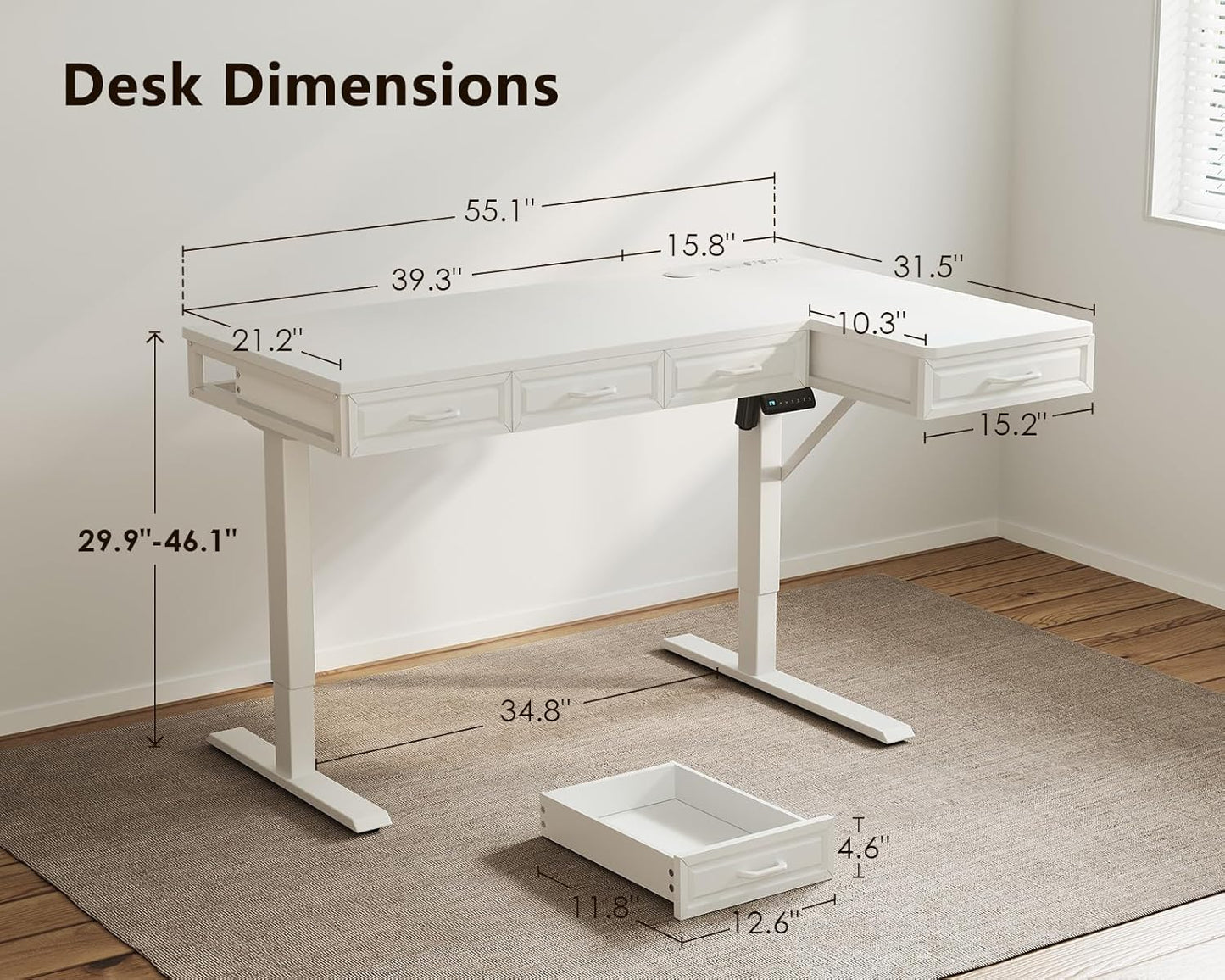 L Shaped Electric Standing Desk with Wooden Drawers, 55 Inch Height Adjustable Corner Workstation with Power Outlets, Sit Stand Table for Home, Office, White