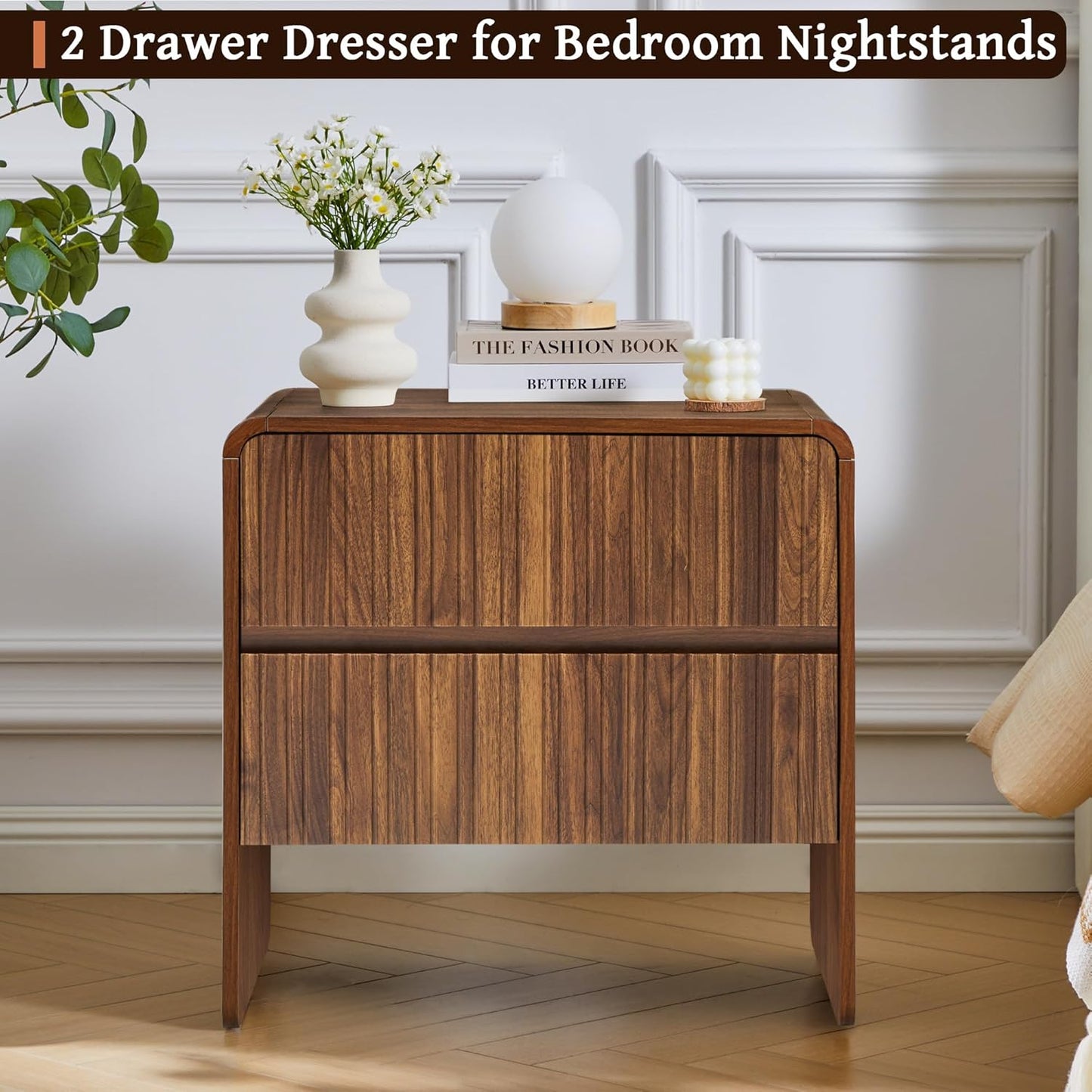 Flute 2 Drawer Dresser,Mid Century Modern Small Nightstand with 2 Drawer for Bedroom, Wood Side Table with Curved Profile for Living Room,Hallway,Enterrway (Brown, 2 Drawers)