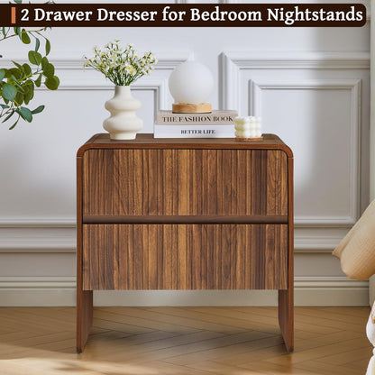 Brown mid century two drawer dresser nightstand with curved profile, view 7