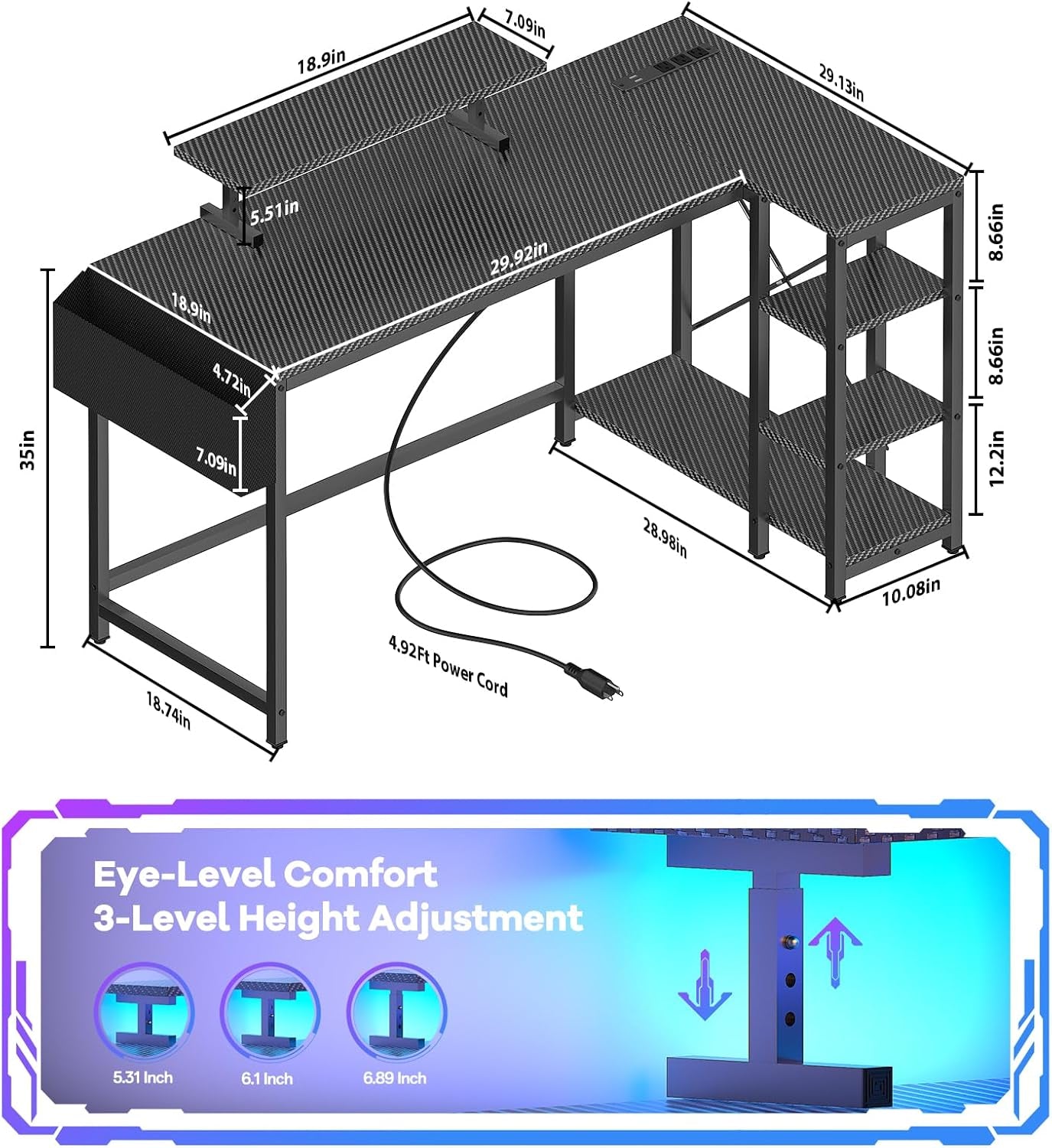 L Shaped Gaming Desk with Power Outlet and LED Light, 47 Inch Reversible Computer Desk with CPU Stand, Monitor Stand, Drawer, 2-Tier Shelf Carbon Fiber Corner Desk for Home Office, Bedroom
