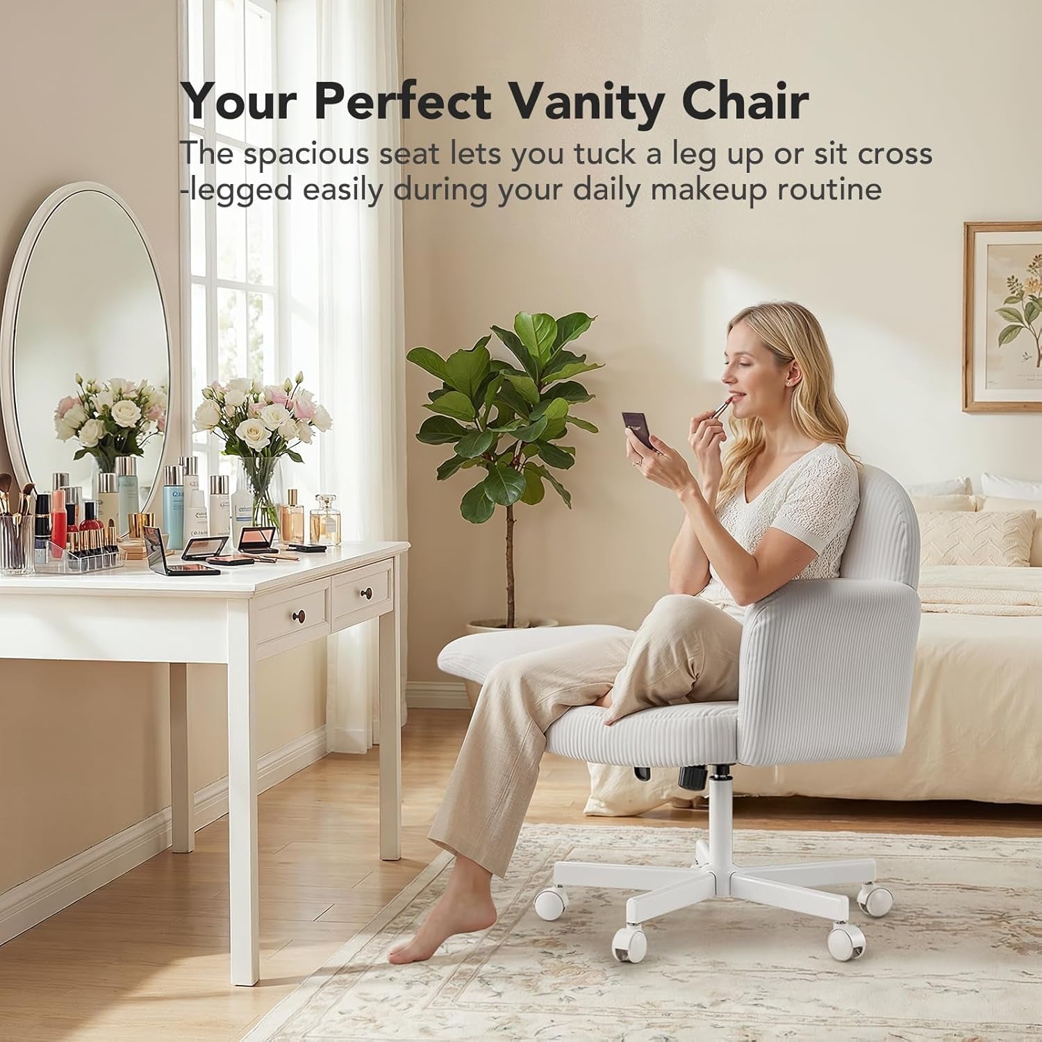 Criss Cross Office Chair for Women, Cross Legged Desk Chair with Adjustable Armrests, Soft Corduroy Fabric for Small Spaces, Petite Home Office Computer Chair for Girls, White