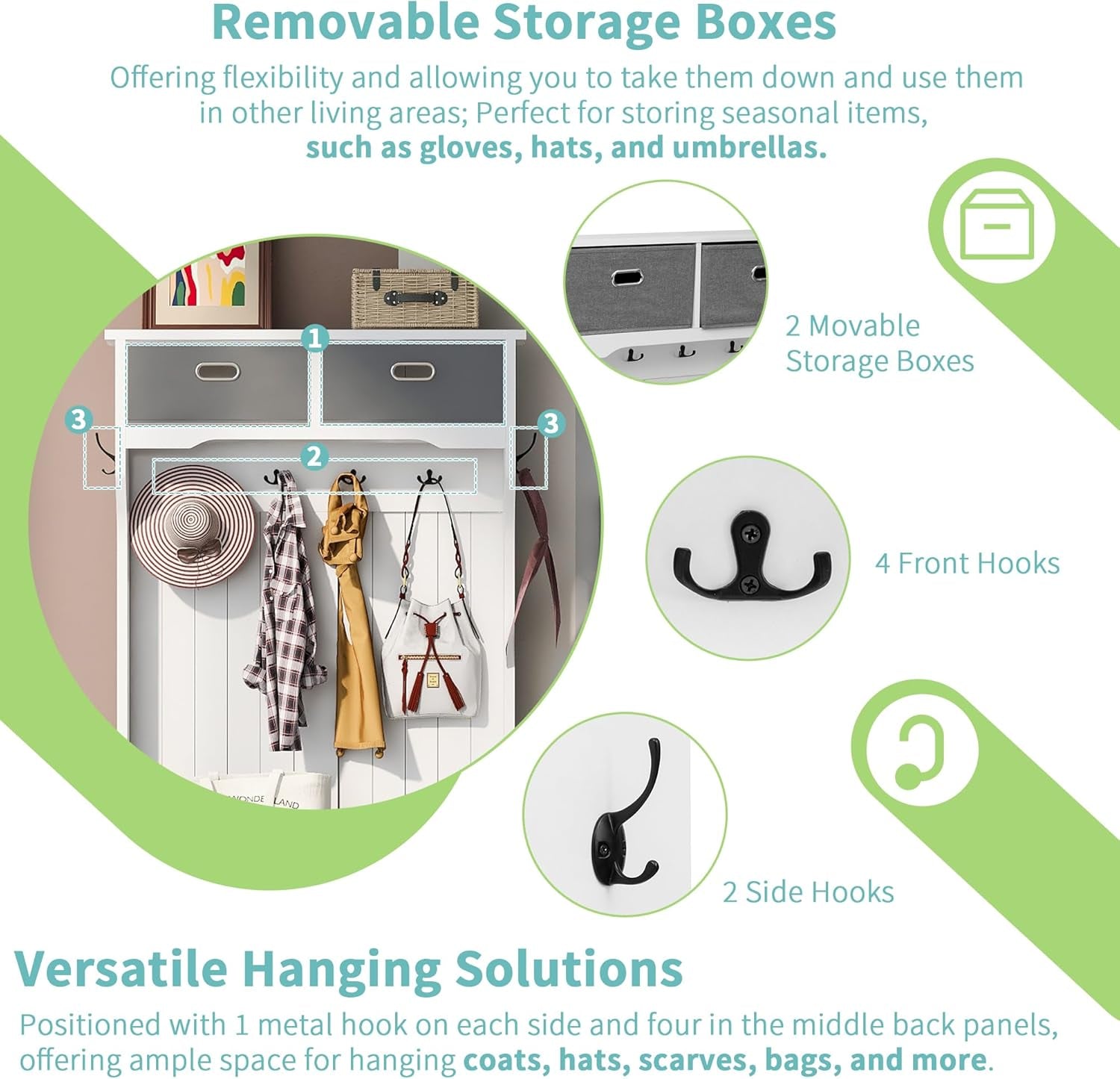 Wood Hall Tree with Shoe Storage Bench for Entryway, 4-In-1 Coat Rack with 6 Hooks, Cabinets and Shelves for Entrance, Hallway White