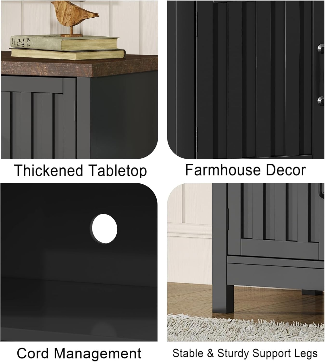 Farmhouse TV Stand for Televisions up to 55 Inches, Entertainment Center Console Table Media Furniture with Storage Cabinets and Open Shelves, Fluted Door, for Living Room Bedroom, Black