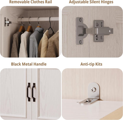 Armoire Wardrobe Closet, 70" H Wooden Bedroom Armoire with Mirror, 2 Cabinet, Pegboard and a Open Shelf, Large Freestanding Clothing Storage Cabinet with 3 Doors, White