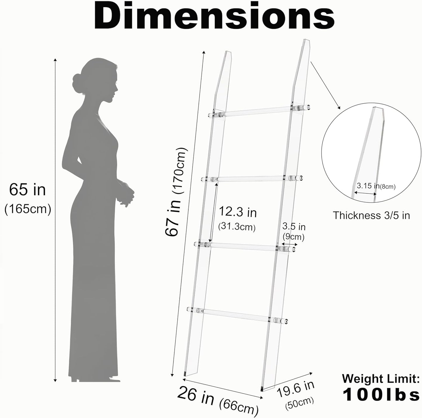 Blanket Ladder 5.6FT for Bathroom, 4 Tier Modern Decor Waterproof Blanket Holder for Living Room and Bedroom, Easy Assembly Clear Acrylic Ladder Shelf, Leaning Quilt Rack with anti Slip Pads