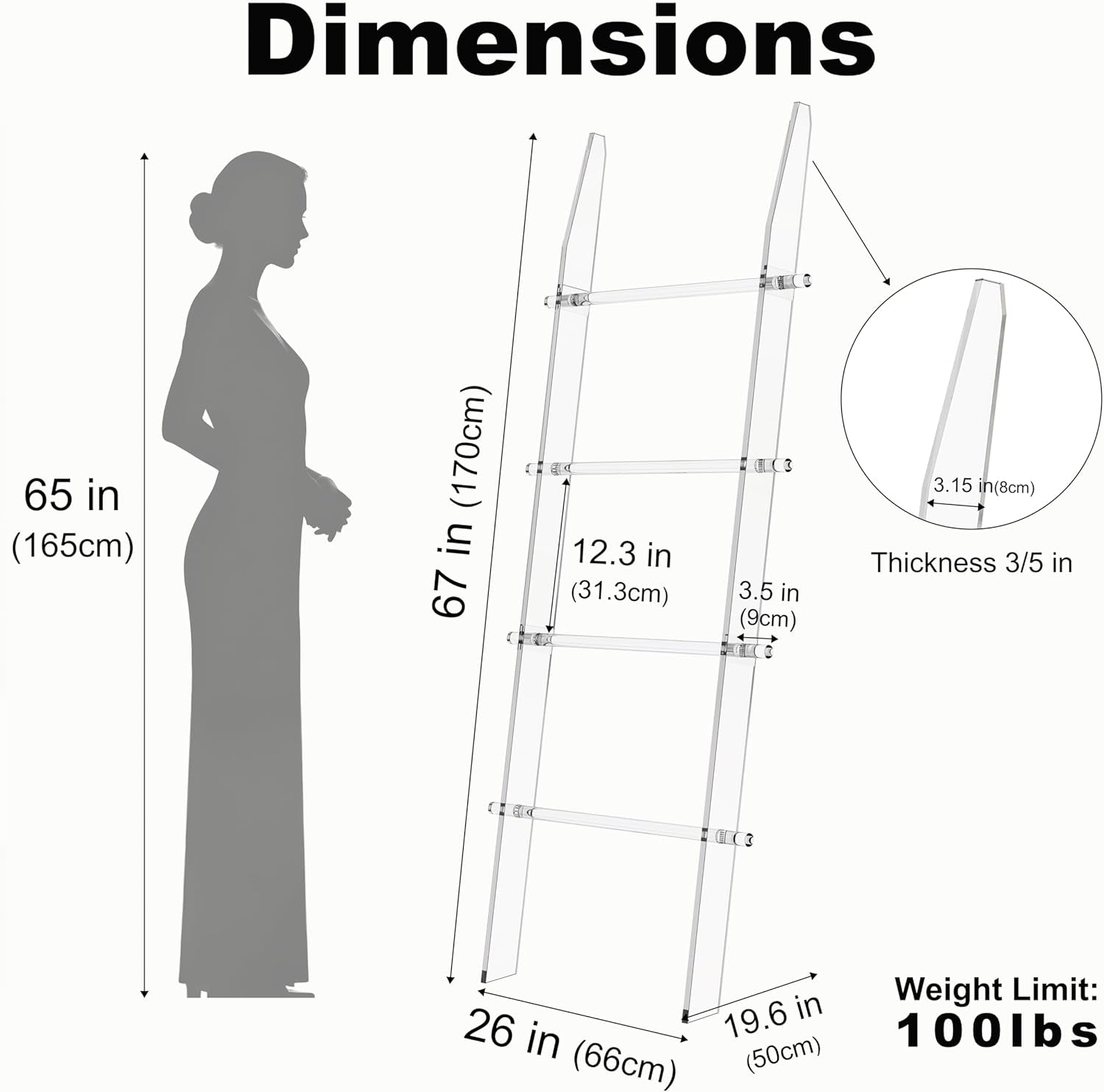 Blanket Ladder 5.6FT for Bathroom, 4 Tier Modern Decor Waterproof Blanket Holder for Living Room and Bedroom, Easy Assembly Clear Acrylic Ladder Shelf, Leaning Quilt Rack with anti Slip Pads