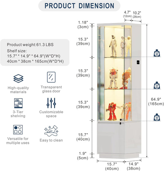 Corner Glass Display Cabinet with Lockable&3 Color Lights for Living Room White, Curio Cabinet with Adjustable Glass Shelf for Liquor Figurine Bookcase for Living Room