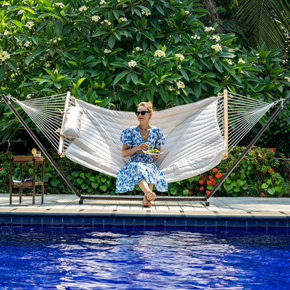 2 Person Portable Hammock with 12FT Stand, Double Hand Woven Cotton Rope Hammock with Detachable Quilted Pad & Pillow for Outside, 450Lb Capacity, Natural