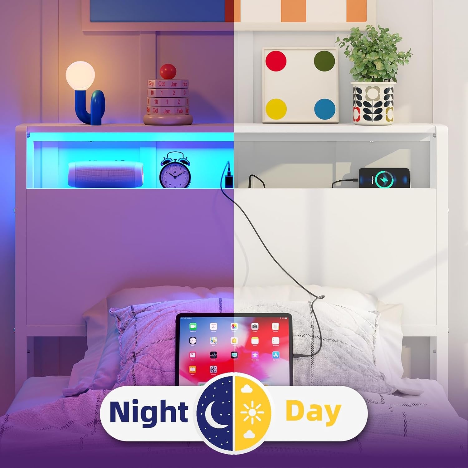 Twin Sized Headboard with 2 Tiers Storage Shelves, Sturdy and Stable Headboard with Charging Station, USB Ports and LED Light for Twin Bed Frames,White