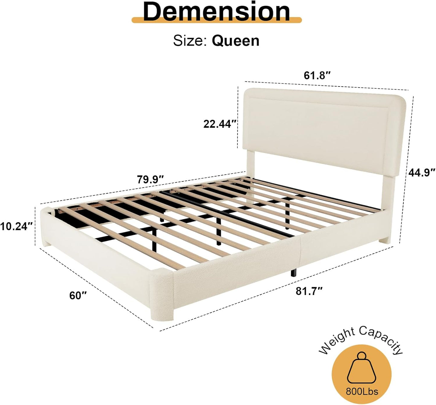 Queen Size Boucle Bed Frame, Modern Cream Bed Frame with Headboard, Soft Rounded Corners, No Box Spring Required, Adjustable Headboard, Easy Assembly