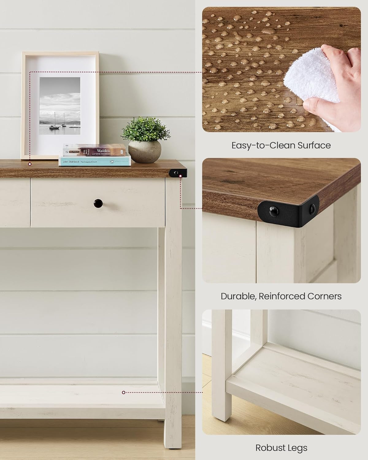 Console Sofa Table, Narrow Entryway Table with 3 Drawers, Open Storage Shelf, Metal Corners, for Living Room, Farmhouse Style, Honey Brown and Rustic White ULNT142W73