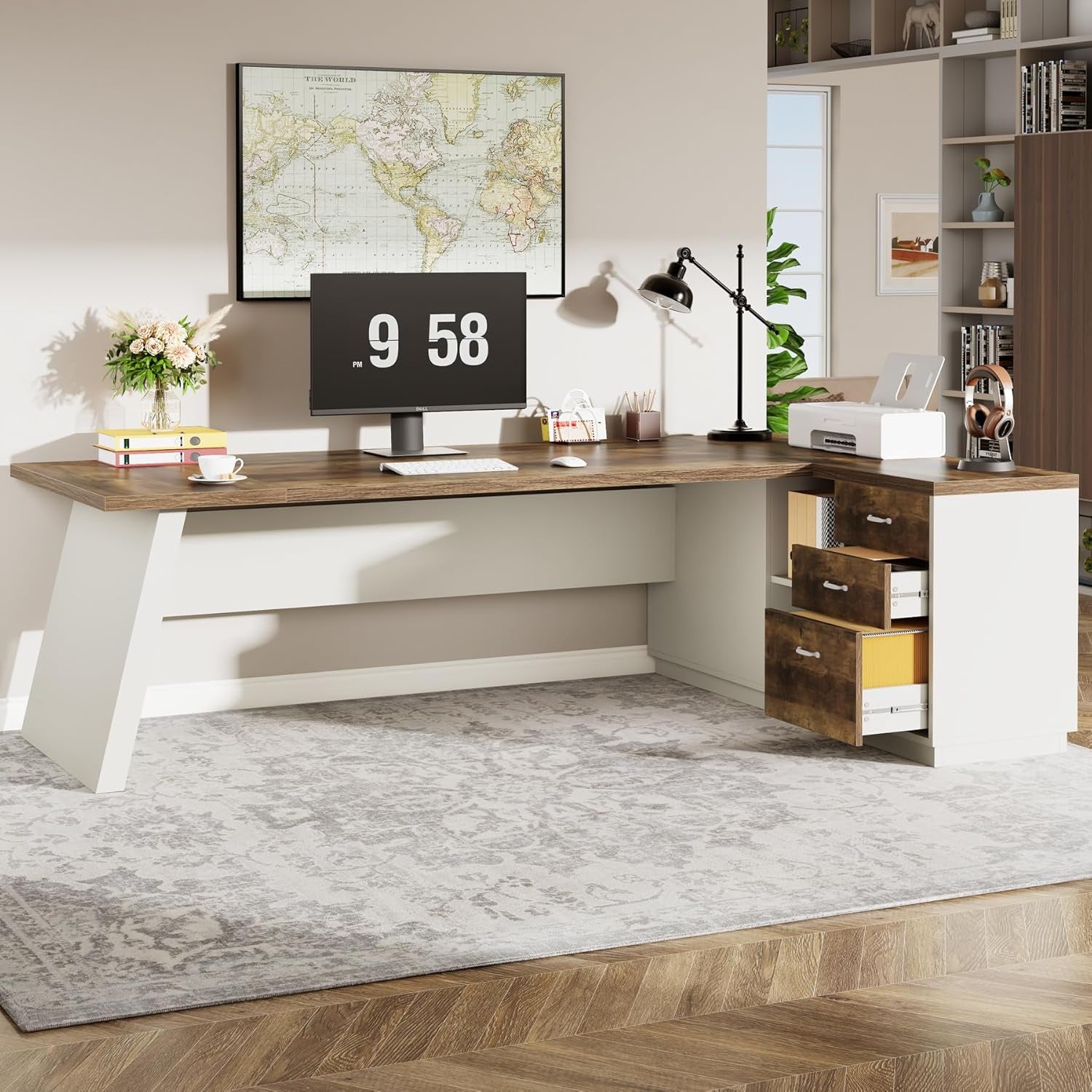 78" L-Shaped Executive Desk, Large Modern Office Desk with Drawers and Lateral File Cabinet, Business Furniture with Storage Shelves, Big Computer Desk for Home Office (Brown + White)
