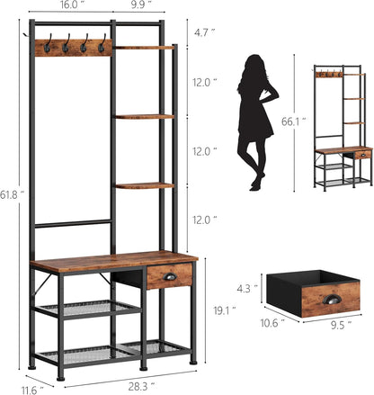 Coat Rack, Hall Tree with Bench and Shoe Storage, 4 in 1 Entryway Bench, Coat Rack with 3 Shelves and Drawer, Entryway Organizer with 5 Hooks for Hanging, Rustic Brown