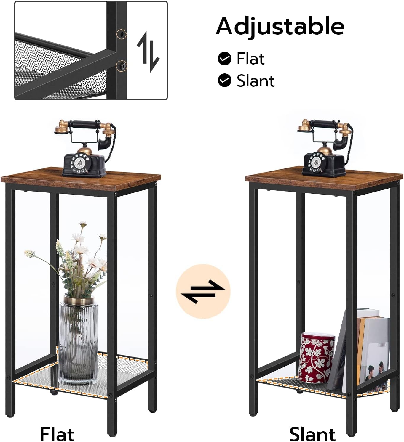 Tall Side Table, Industrial End Telephone Table with Adjustable Mesh Shelves, for Living Room, Bedroom, Entryway, Office, Rustic Brown and Black BF03DH01