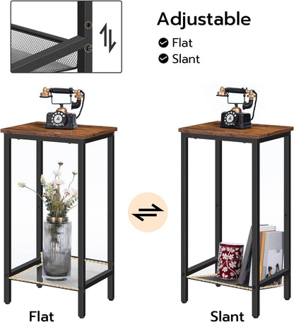 Tall Side Table, Industrial End Telephone Table with Adjustable Mesh Shelves, for Living Room, Bedroom, Entryway, Office, Rustic Brown and Black BF03DH01