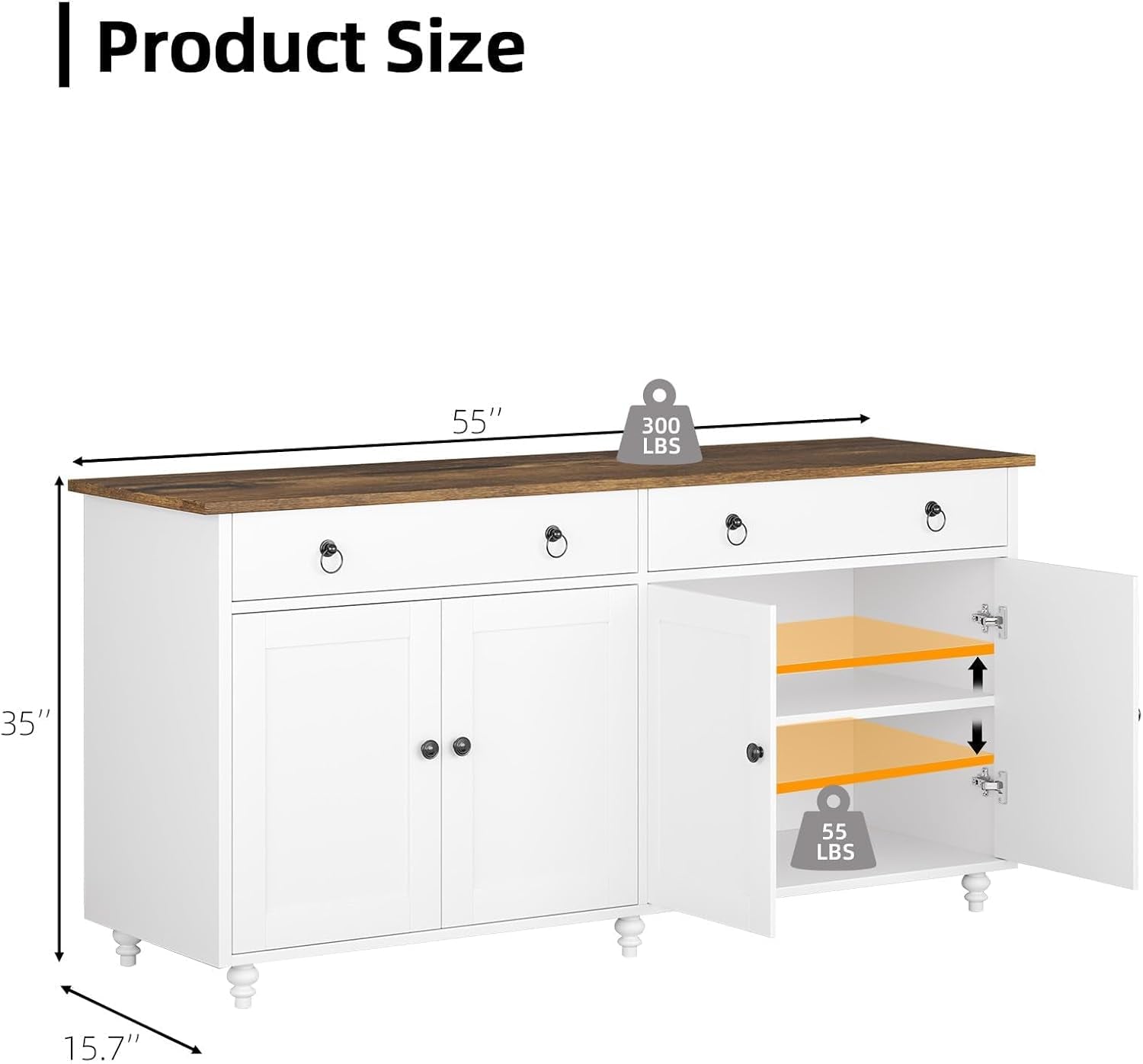 Buffet Cabinet with Storage, 55" Sideboard Buffet Cabinet with 2 Drawers and 4 Doors, Modern Farmhouse Coffee Bar Cabinets, Wood Buffet Table for Kitchen, Dining Room, White