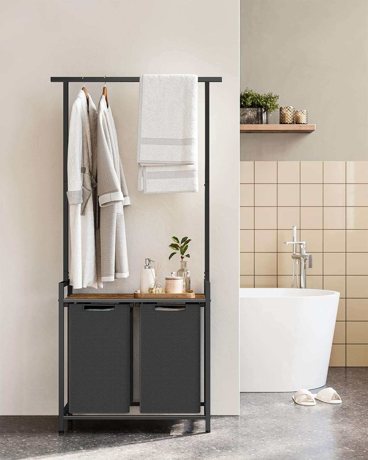 Laundry Sorter, Laundry Hamper 2 Section with Clothes Rack, Pull-Out and Removable Laundry Basket with Shelf, 28.7 X 13 X 69.7 Inches, Rustic Brown and Black UBLH241B01
