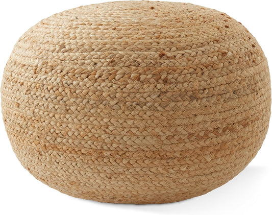 Hand-Braided Jute Pouf Ottoman Footrest, 19" round X 10-1/2" High, Natural Woven Boho Floor Cushion, Home Decor for Living Room, Bedroom, Apartment