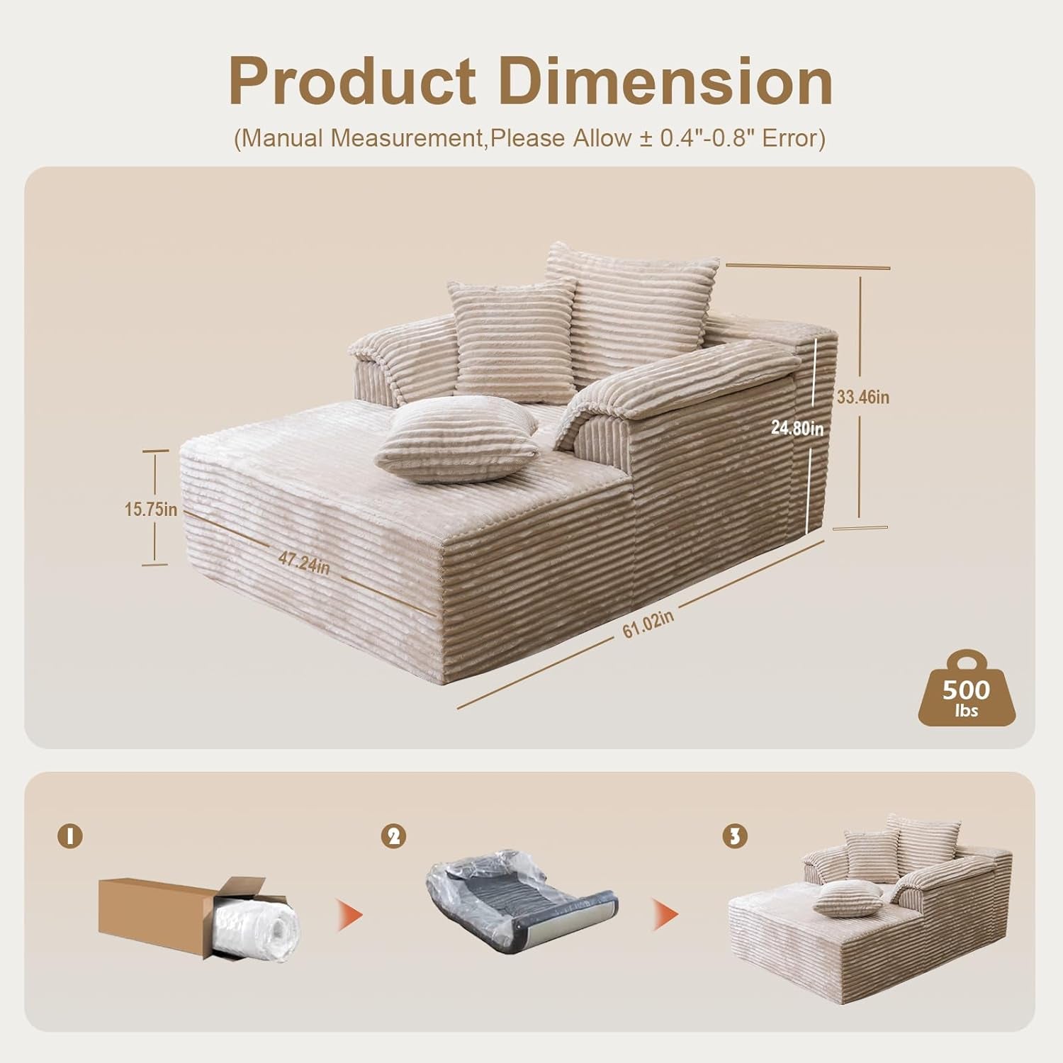 Oversized Chaise Lounge Chair Indoor, Upholstered Single 61'' Rolled Arm Boneless Cloud Sofa Bed Sleeper Couch, No Assembly Faux Rabbit Fur Memory Foam Reading Chair for Living Room Bedroom Beige