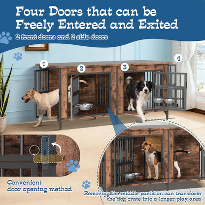 63" Dog Crate Furniture for 2 Dogs, Large Dog Kennel with 360° Rotating Feeder Bowls, Indoor Double Dogs Crates with 4 Doors, Wooden Crate TV Stand with Removable Divider