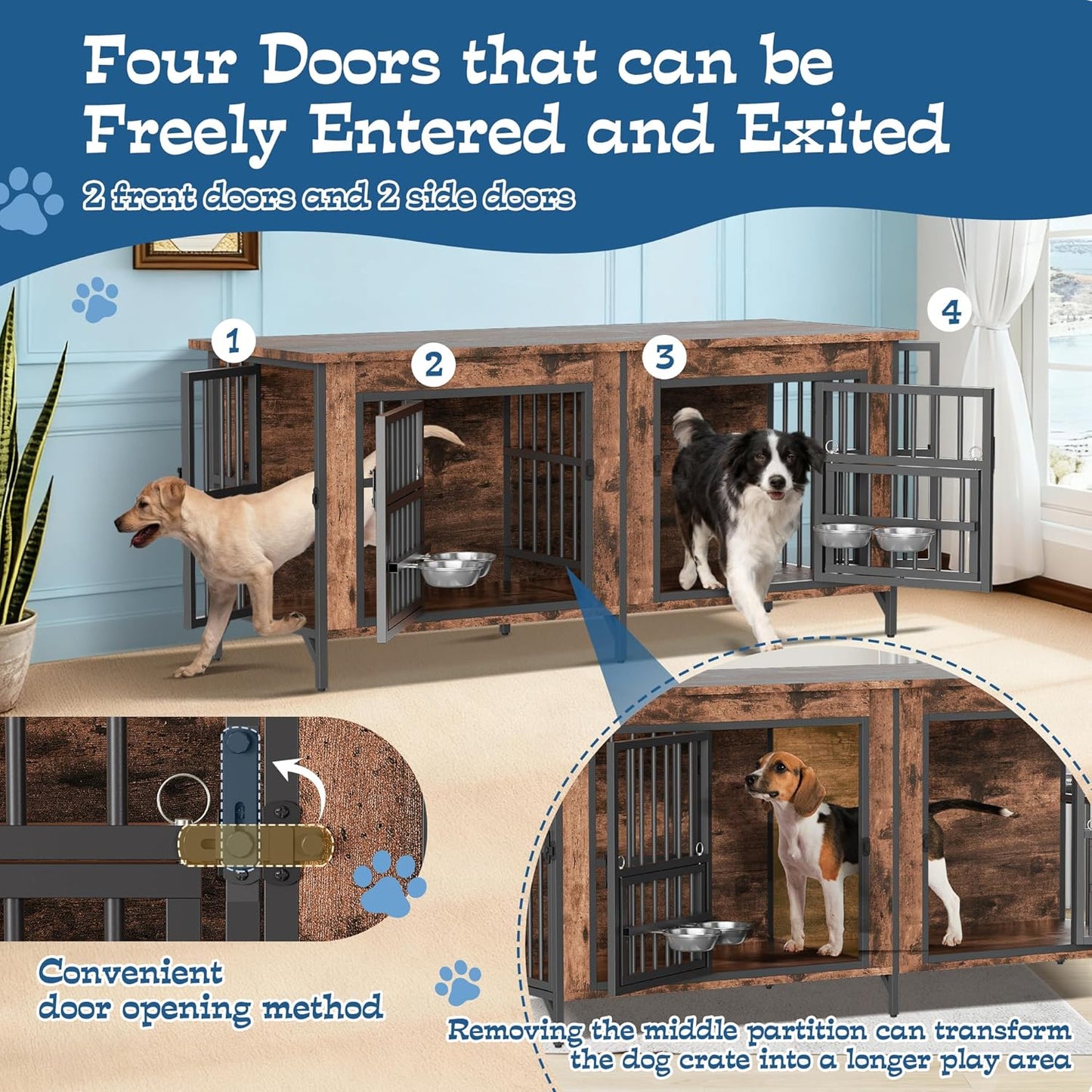 79" Dog Crate Furniture for 2 Dogs, Large Dog Kennel with 360° Rotating Feeder Bowls, Indoor Double Dogs Crates with 4 Doors, Wooden Crate TV Stand with Removable Divider