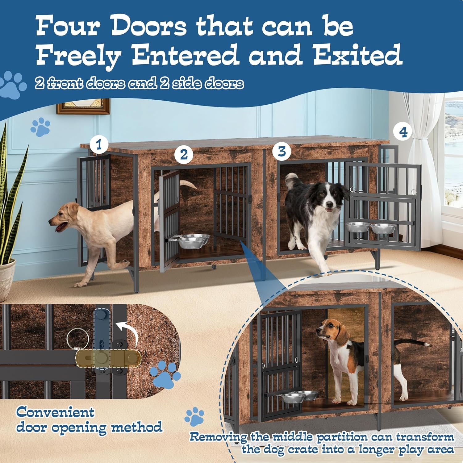 79" Dog Crate Furniture for 2 Dogs, Large Dog Kennel with 360° Rotating Feeder Bowls, Indoor Double Dogs Crates with 4 Doors, Wooden Crate TV Stand with Removable Divider