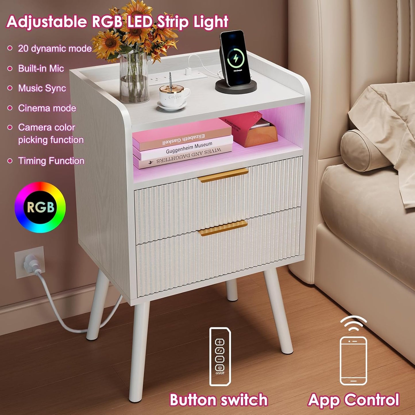 White Fluted Nightstand with Charging Station, LED Night Stand with 2 Wood Drawers for Bedroom, Modern Bedside Table, 15.7 X 11.8 X 25.6In