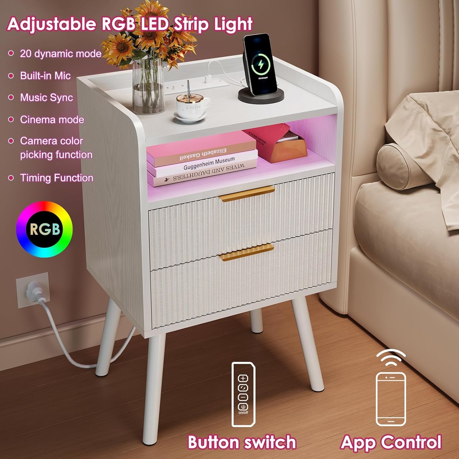 White Fluted Nightstand with Charging Station, LED Night Stand with 2 Wood Drawers for Bedroom, Modern Bedside Table, 15.7 X 11.8 X 25.6In