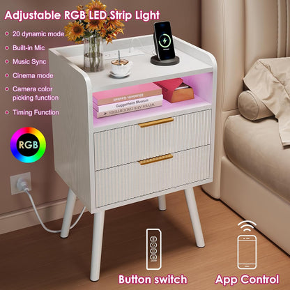 White Fluted Nightstand with Charging Station, LED Night Stand with 2 Wood Drawers for Bedroom, Modern Bedside Table, 15.7 X 11.8 X 25.6In