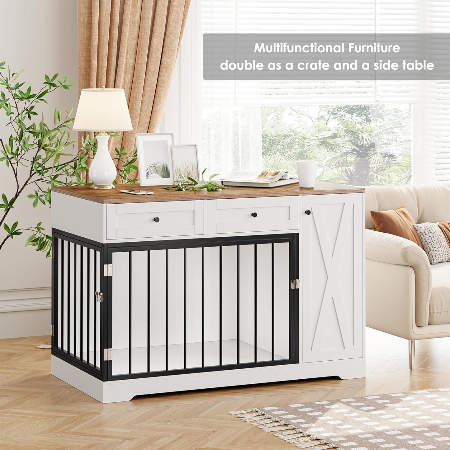 Dog Crate Furniture Kennel with Double Doors Wooden Pet House with 2 Drawers and Storage Cabinet, Indoor Dog Cage Farmhouse Modern Side End Table for Small Medium Dogs, Rustic