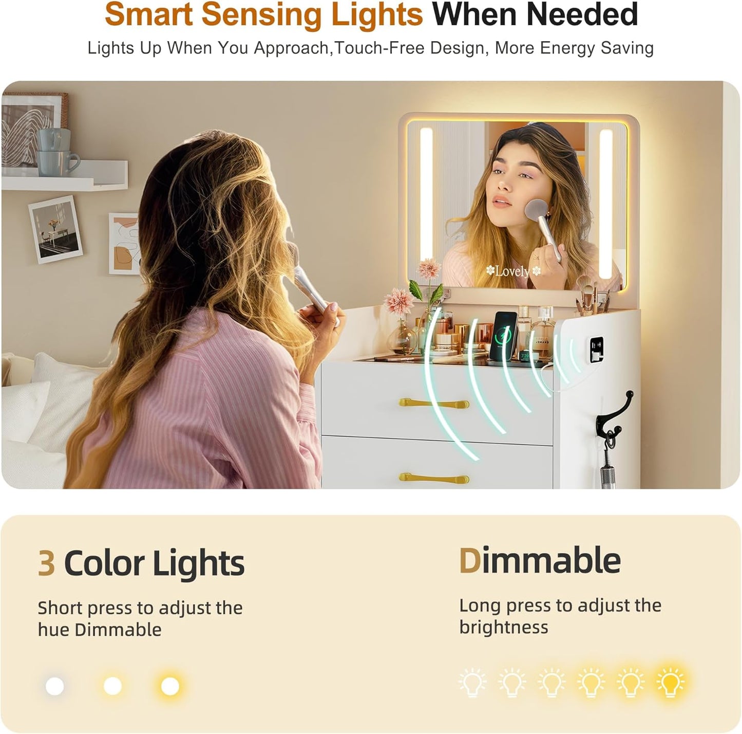 3 in 1 Vanity Desk with Flip Top Mirror and Lights,Glass Top Compact Vanity with 3 Drawers &Rolling Stool, Modern Small Makeup Vanity Table with Charging Station,Bedroom,White