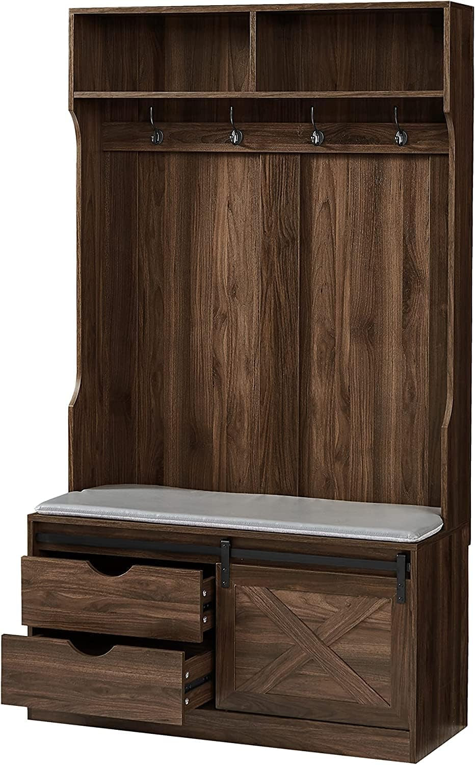 Hall Trees with Bench and Coat Racks, Farmhouse 71 Inch Entryway Bench with Sliding Barn Door, Wood Coat Tree Mudroom Storage Benches with Drawers (Walnut)