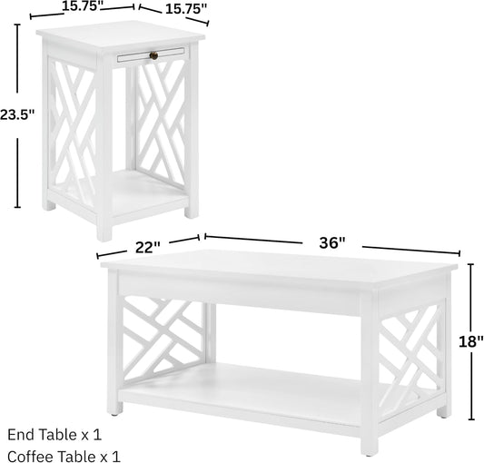 Coventry 2-Piece Living Room Table Set – Cottage Style Coffee Table and End Table with Lower Shelves and Pull-Out Tray – for Apartment, Loft, or Teen Room by  (White)