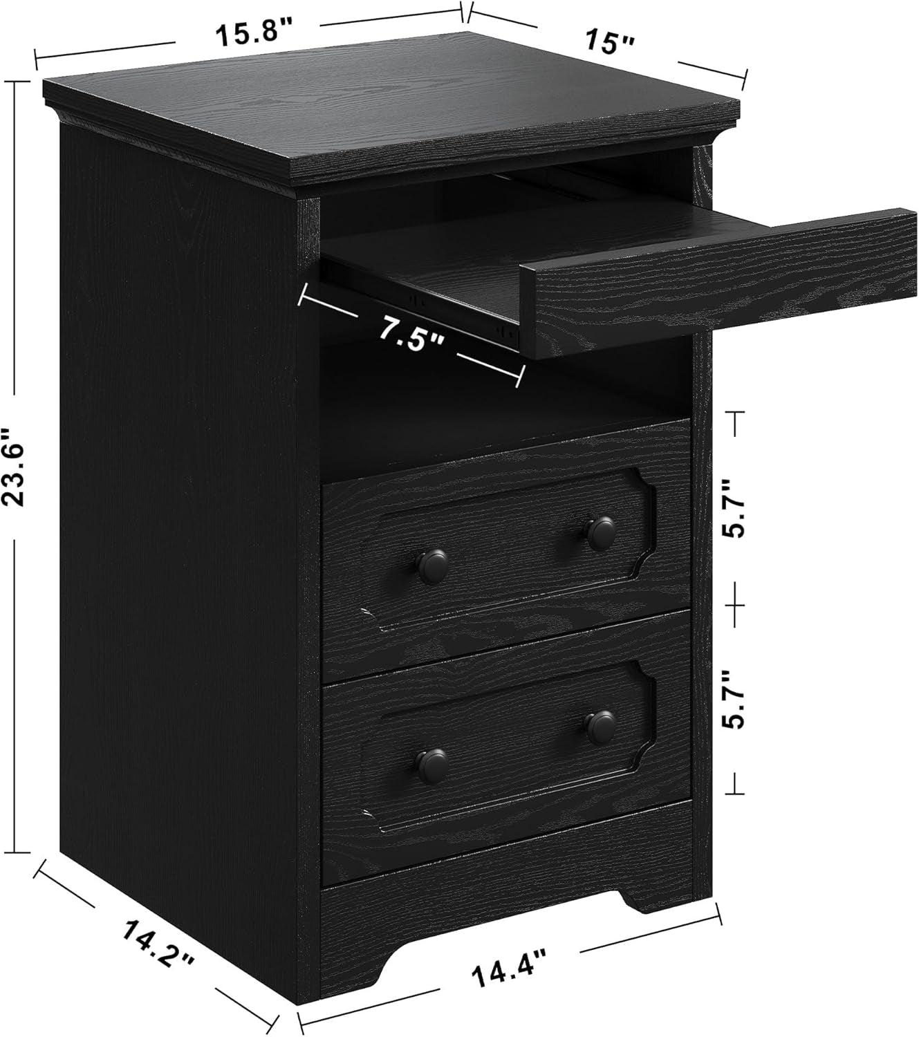 Night Stand, Modern Bedside Table with 2 Drawers, Open Shelf, End Table with Pull-Out Tray, Wood Sidetable, Black