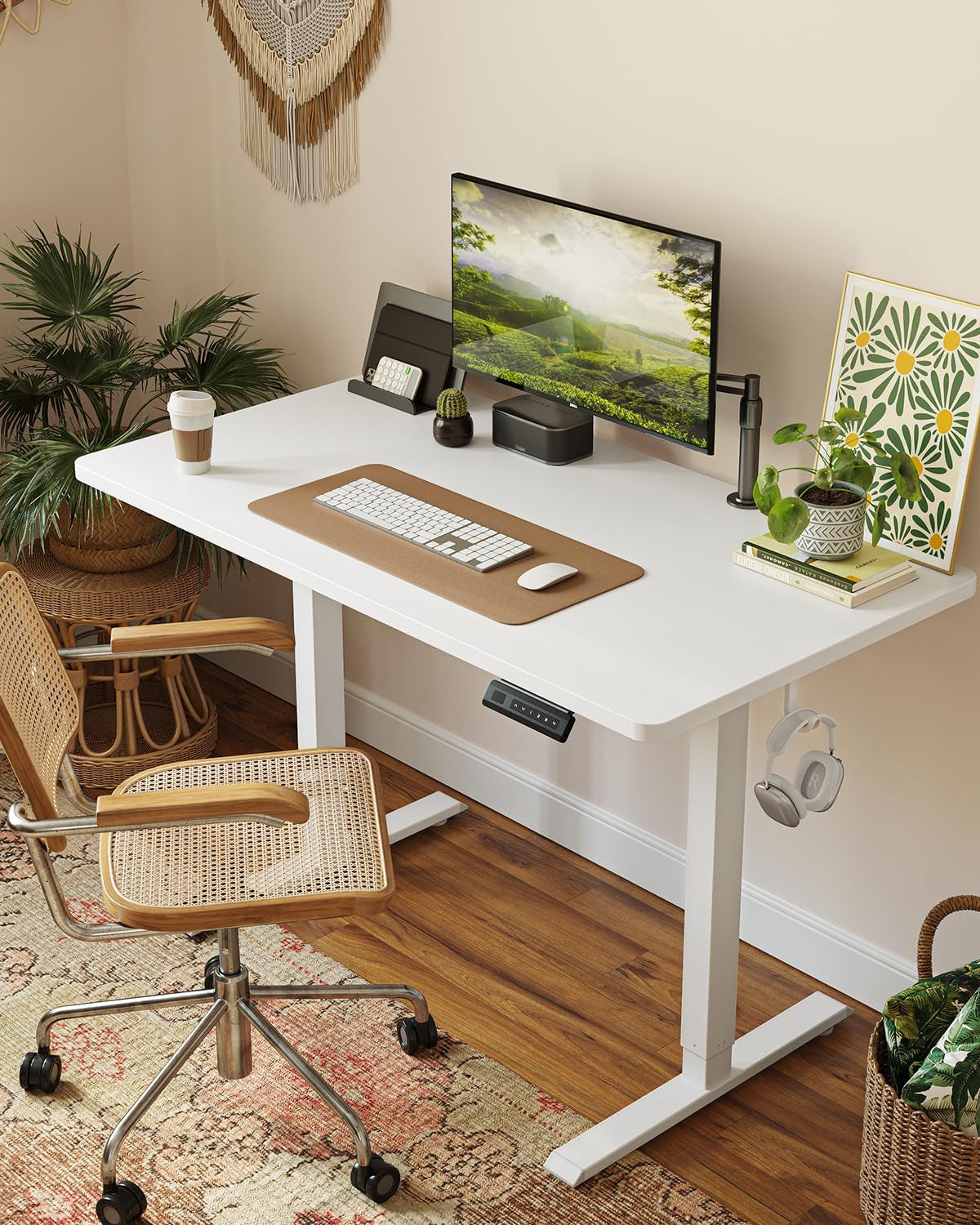 48 X 24 Large One-Piece Standing Desk, Adjustable Height Electric Computer Home Office Sit Stand up Workstation, with 4 Memory Presets, Headphone Hook, White
