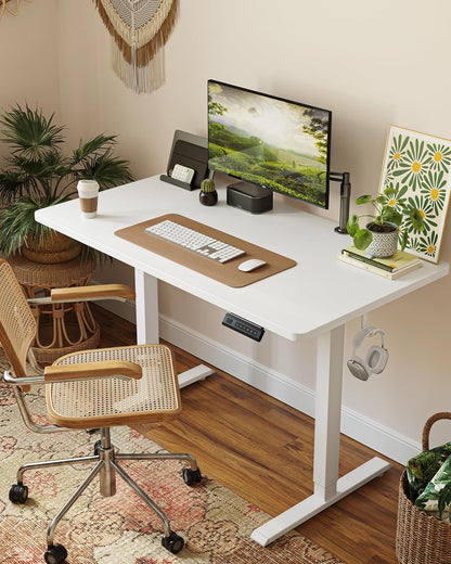 48 X 24 Large One-Piece Standing Desk, Adjustable Height Electric Computer Home Office Sit Stand up Workstation, with 4 Memory Presets, Headphone Hook, White