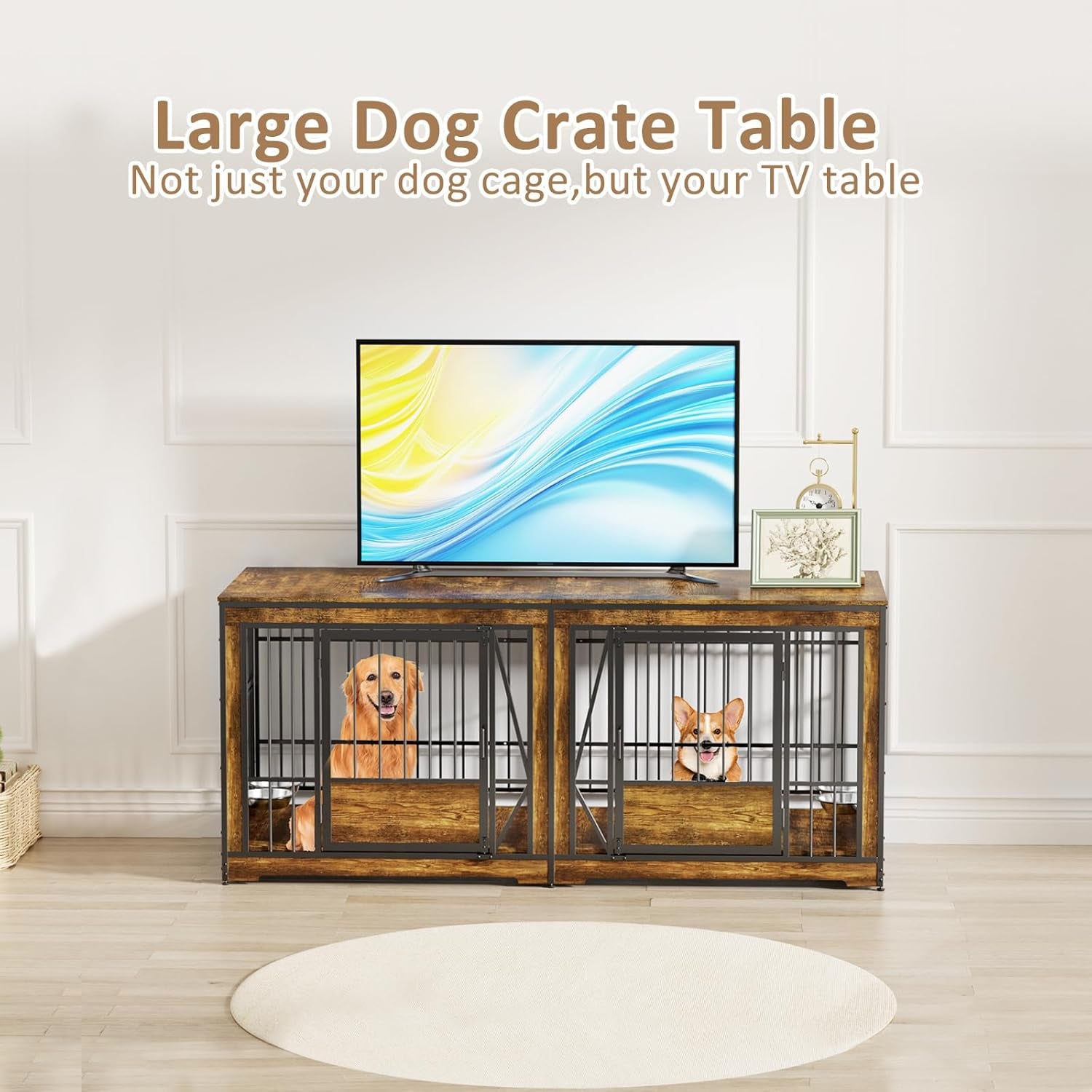 XL Dog Crate Furniture, Large Dog Kennel Indoor with 2 Adjustable Bowls, Heavy Duty Dog Crate for Large Dogs 48 Inch, Wooden Dog Cage Brown, 48" L X 30" W X 45" H