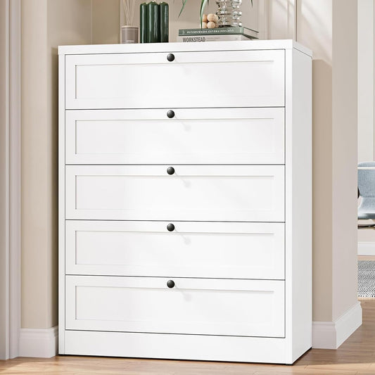Tall White Dresser for Bedroom, 5 Drawer Metal Closet Dressers Chests, Modern Storage Organizer Unit, Large Storage Space Drawer Storage Cabinet for Bedroom, Entryway, Hallway