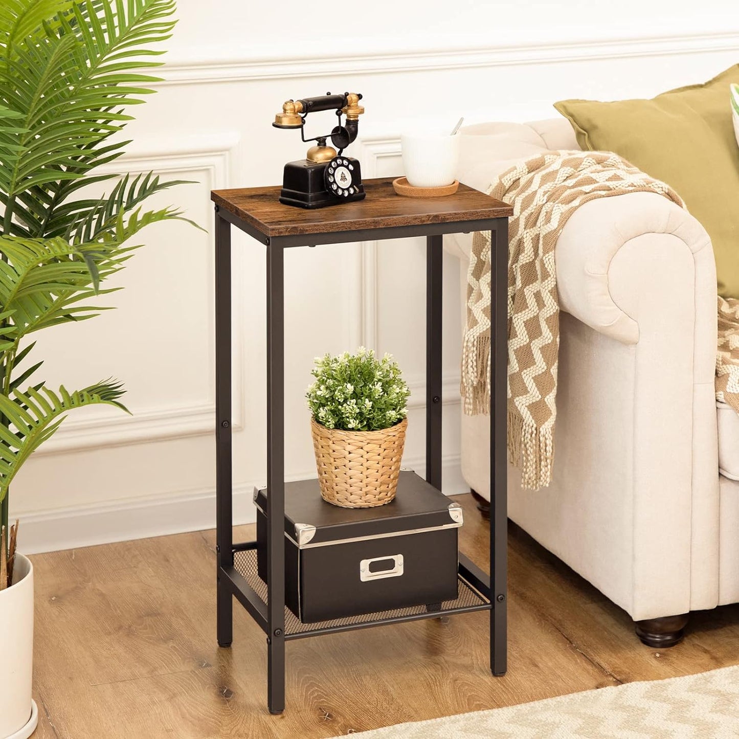 Tall Side Table, Industrial End Telephone Table with Adjustable Mesh Shelves, for Living Room, Bedroom, Entryway, Office, Rustic Brown and Black BF03DH01