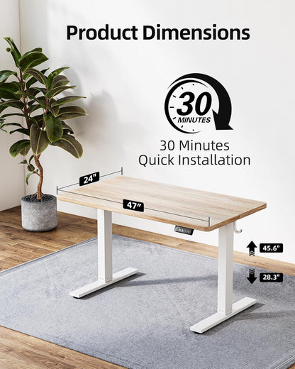 Electric Height Adjustable Standing Desk 47.2×23.6 Inch, Sit Stand Desk with Splice Board, Memory Controller, White Frame & Maple Top Computer Workstation for Home Office