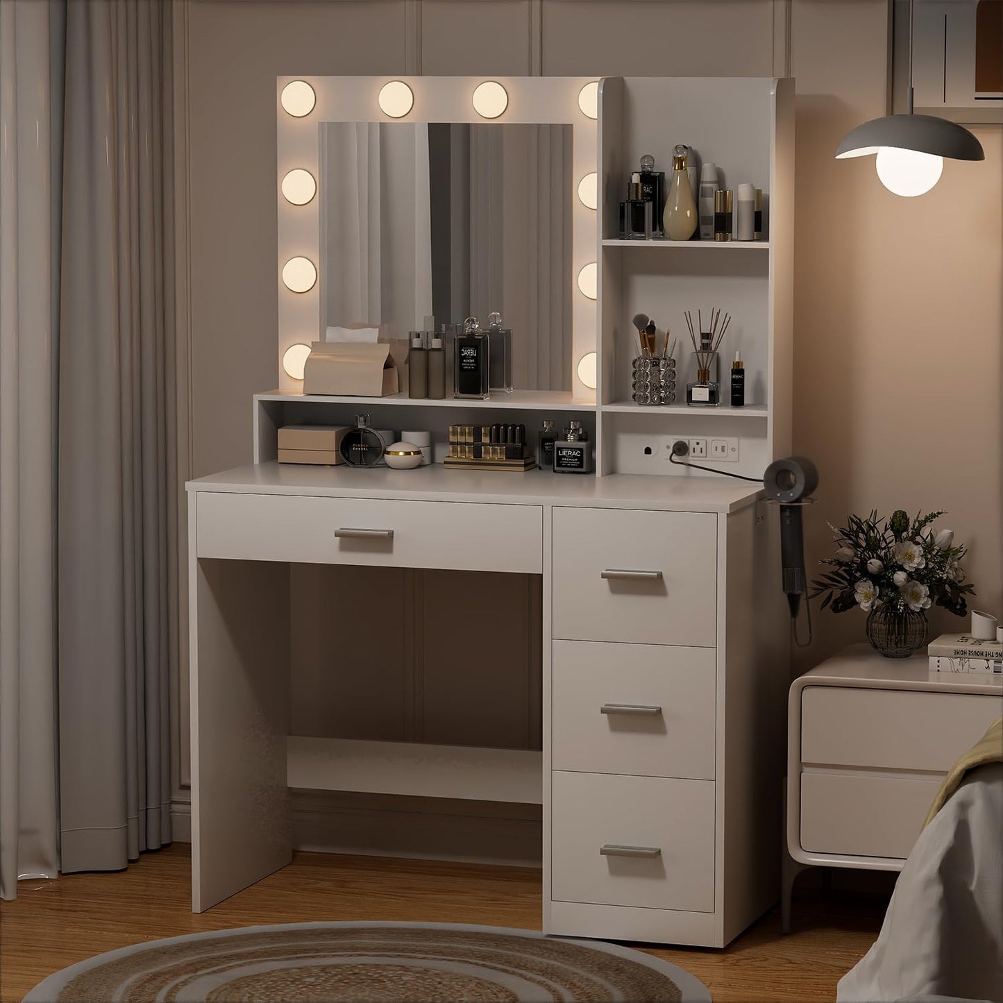 Vanity Desk with Mirror, Power Outlet and 10 Lights, Makeup Table with 4 Drawers, 3 Color Modes Available for Bedroom, White